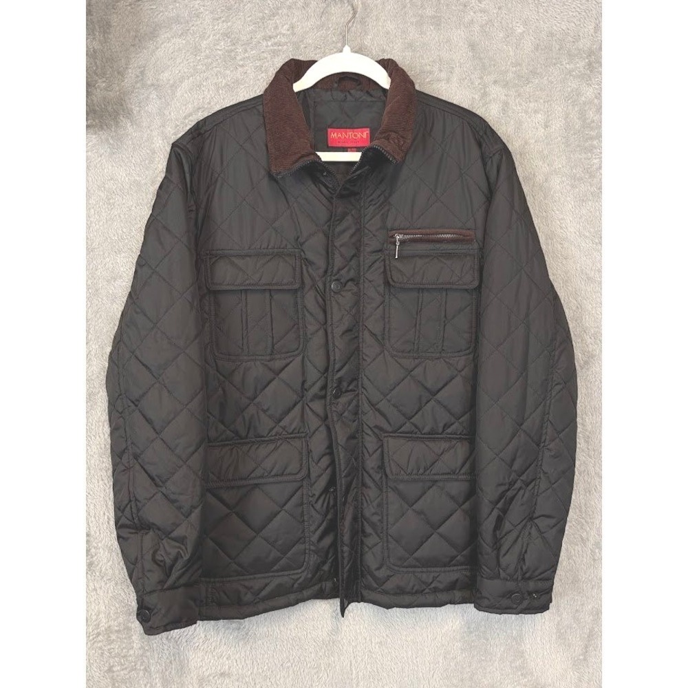 Mantoni Milan Italy Mens Quilted Field Jacket Black Corduroy Collar XL Coat